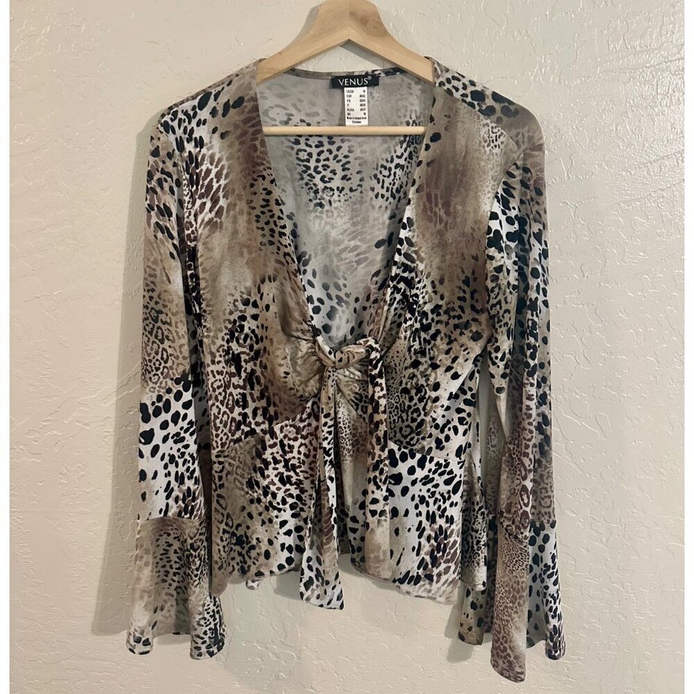 Y Venus V Neck Classy Leopard Animal Print Bell Sleeved Blouse